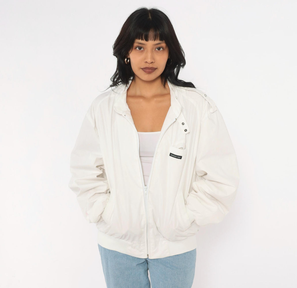 80s Members Only Bomber Jacket White Zip Front Raglan Windbreaker Small