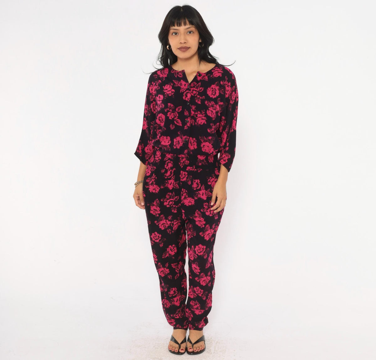 90s Joni Blair Floral Jumpsuit Black Pink Rose Button Front Dolman Medium