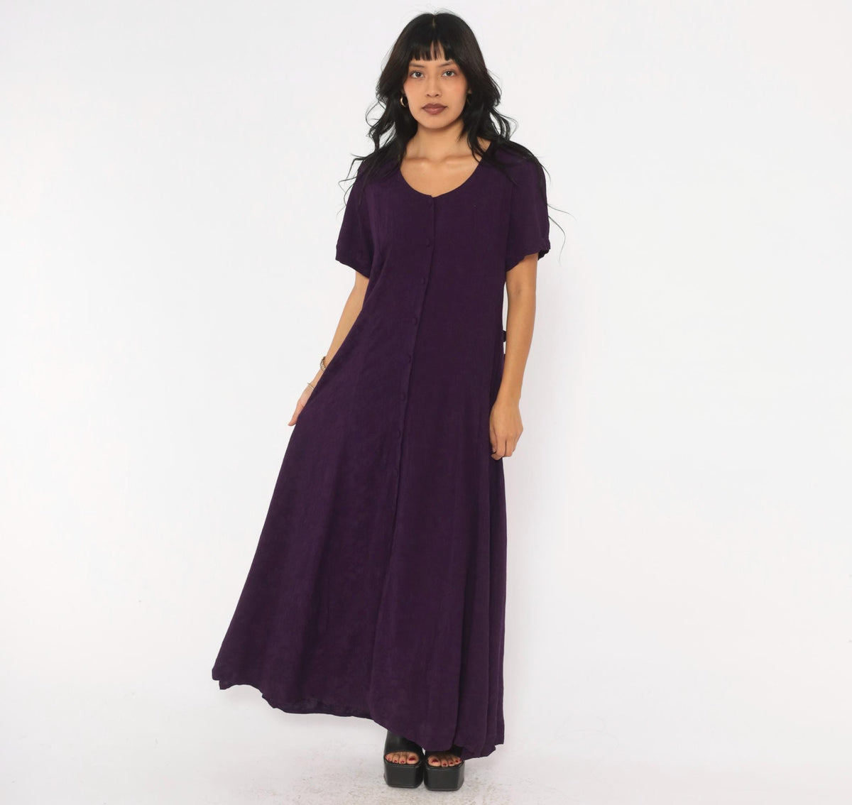 90s Dress Barn Purple Maxi Dress Button Front A-Line Short Sleeve Extra Large