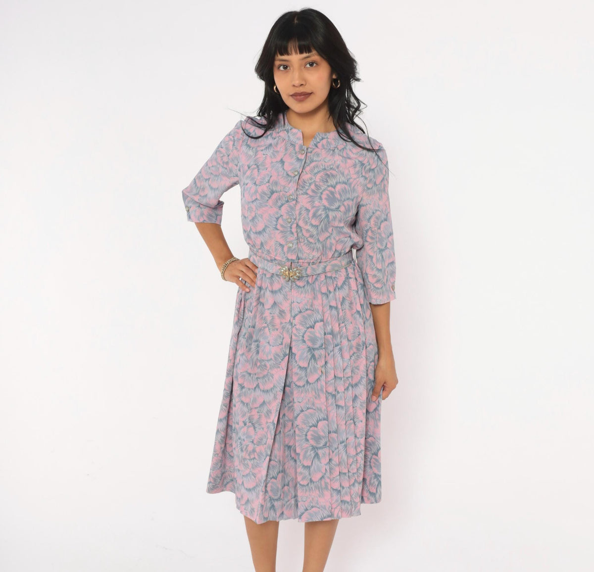 80s Silver Fashion Pink Grey Floral Blouson Dress Button Front Pleated Small S