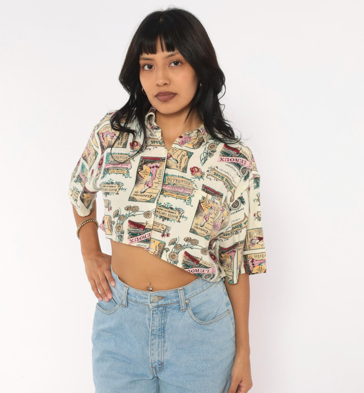90s Jaspe Crop Top Beige Floral Poster Print Button Front Blouse Medium