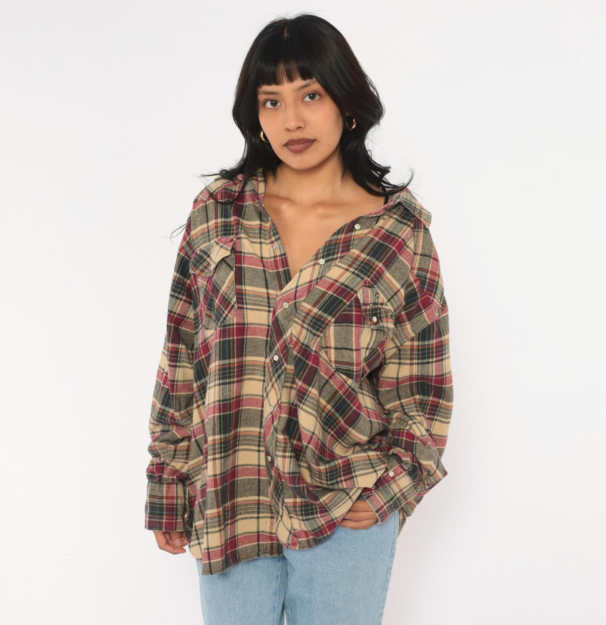 90s Plaid Flannel Shirt Tan Burgundy Pearl Snap Western Yoke Extra Large XXL