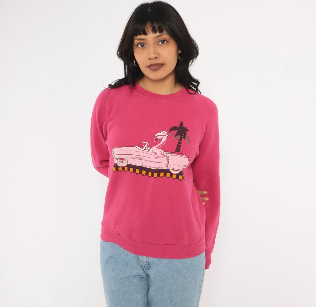 90s Jerzees Flamingo Convertible Car Raglan Sweatshirt Pink Small