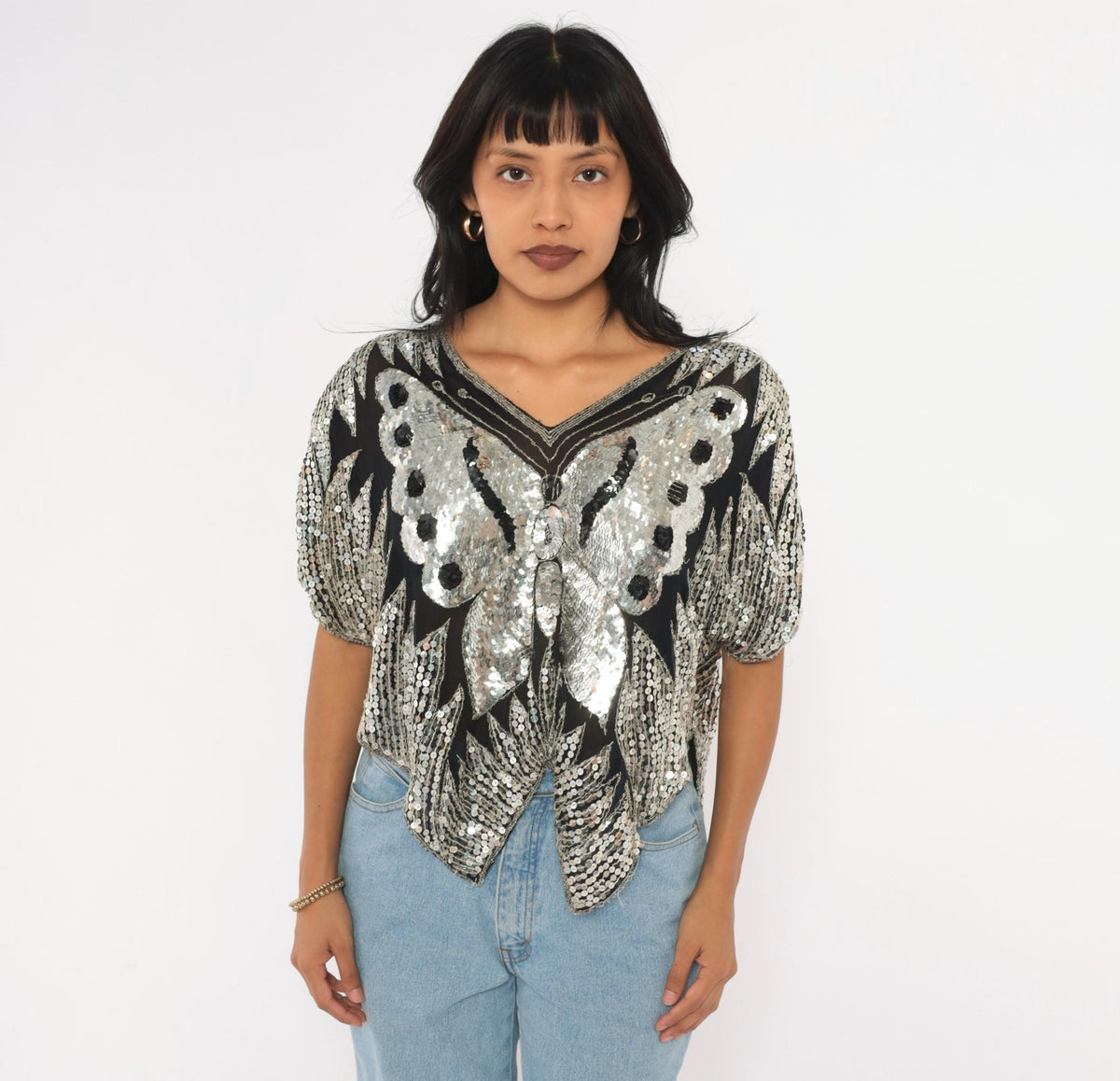 80s Silver Sequin Butterfly Silk Blouse Batwing Sleeve V Neck Medium