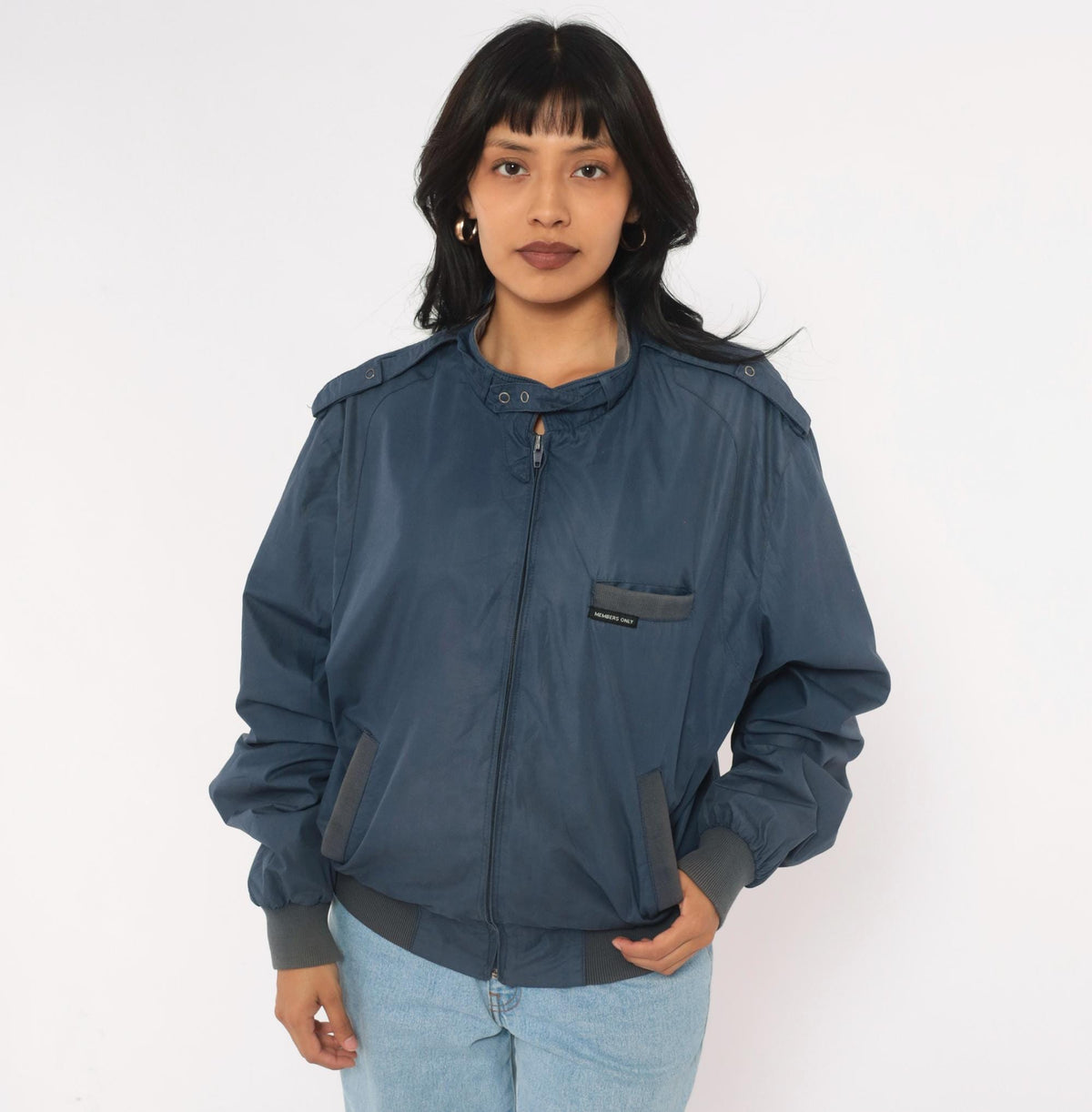 80s Members Only Bomber Jacket Navy Blue Snap Collar Grey Ribbed Trim Medium