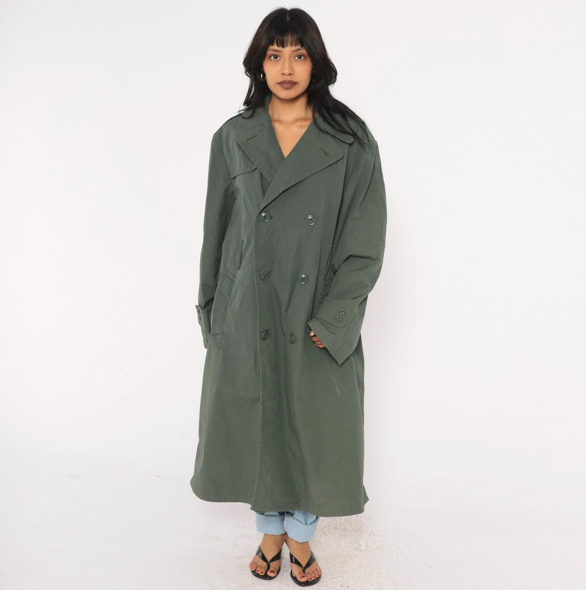 90s Military Trench Coat Grey Olive Double Breasted Long Jacket Medium