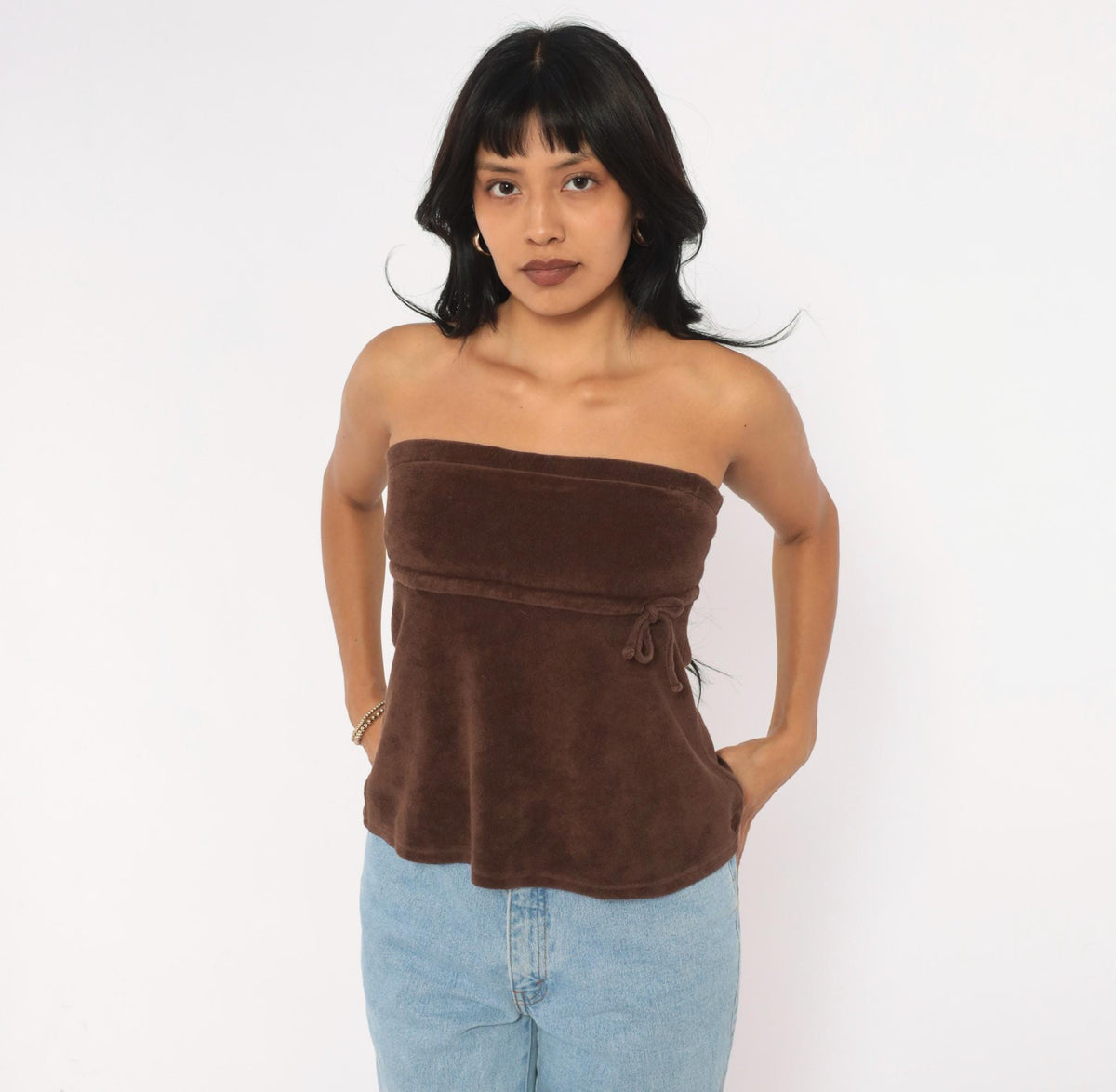 Y2K Brown Terry Tube Top Strapless Drawstring Tie Waist Small