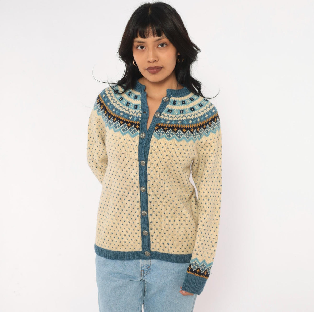 70s Norsk Husflid Fair Isle Wool Cardigan Blue Cream Nordic Knit Small