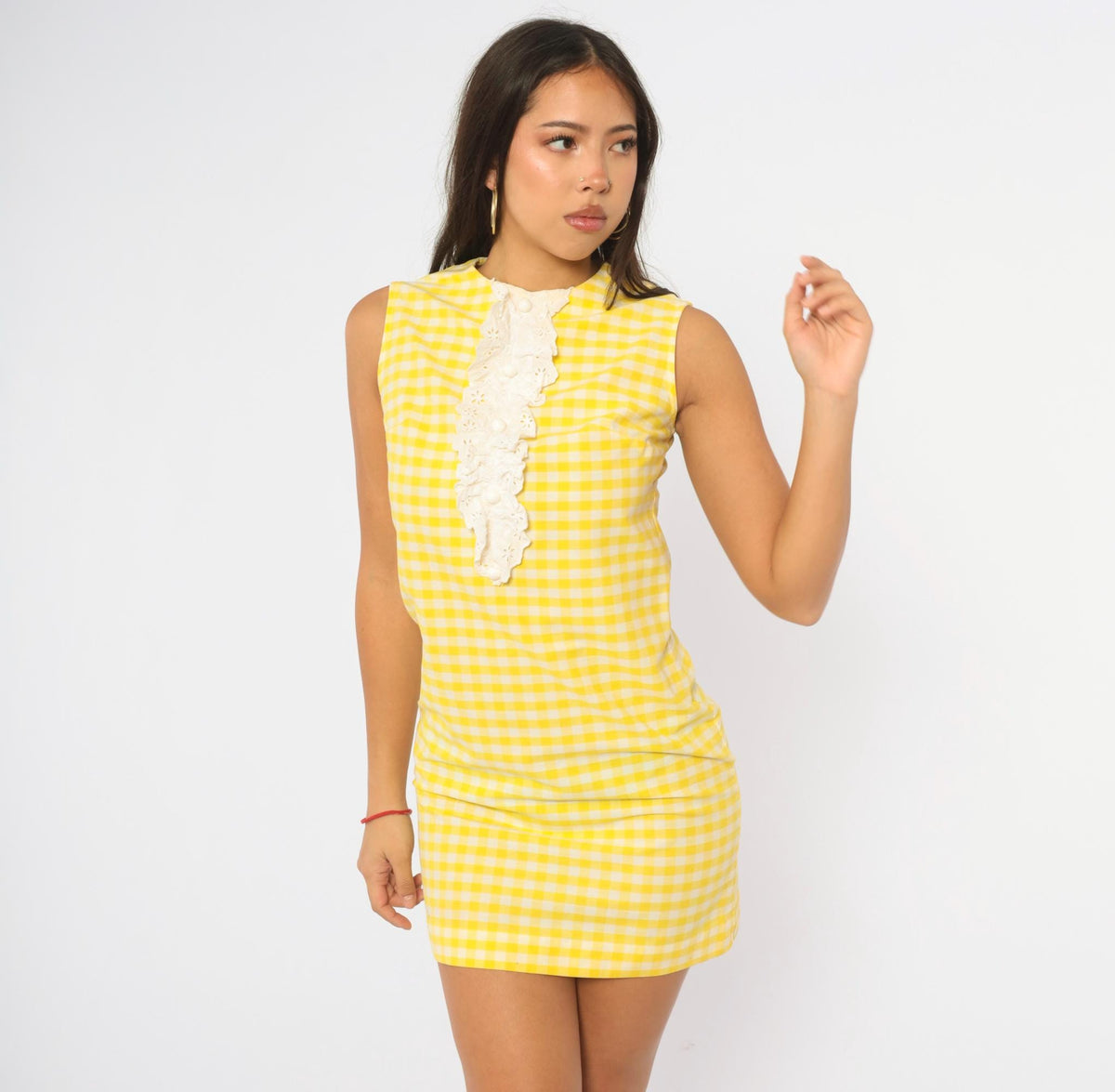 60s Yellow Gingham Eyelet Lace Shift Dress Sears Jr Bazaar Cotton XS