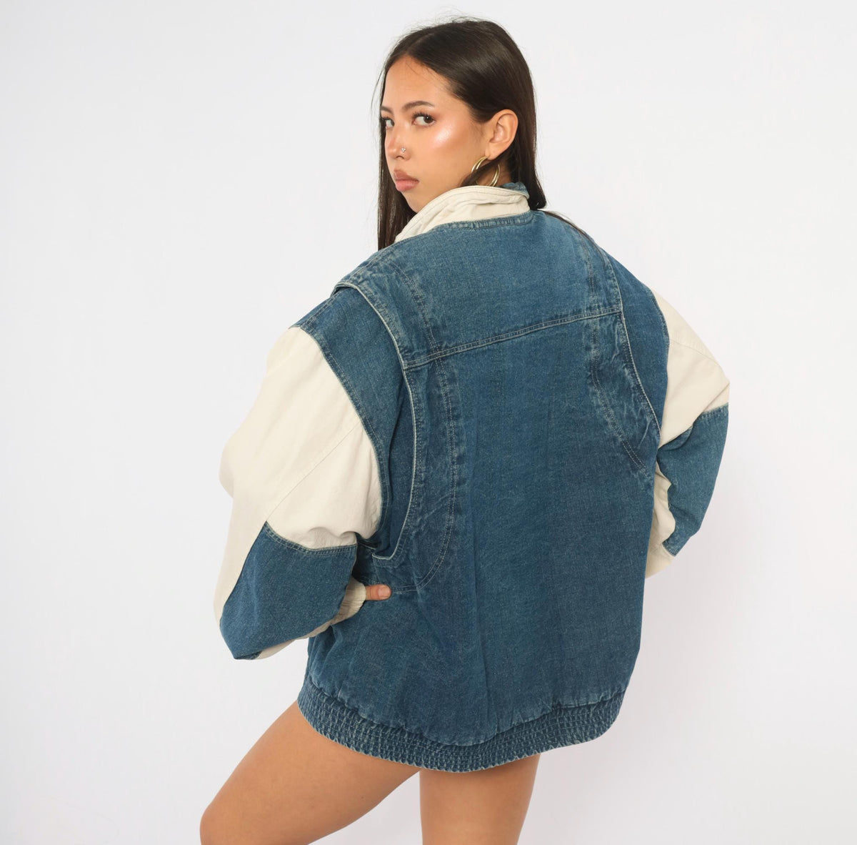 90s Dash Denim Bomber Jacket Blue Cream Color Block Dolman Large