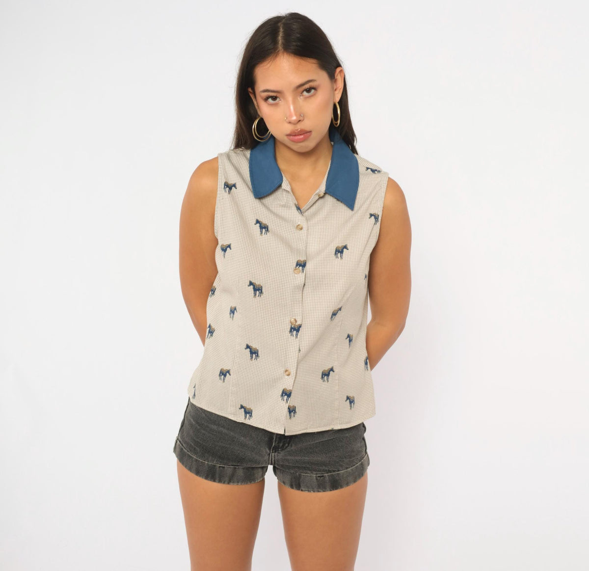 90s Five Star Horse Print Sleeveless Blouse Beige Cobalt Collar Small
