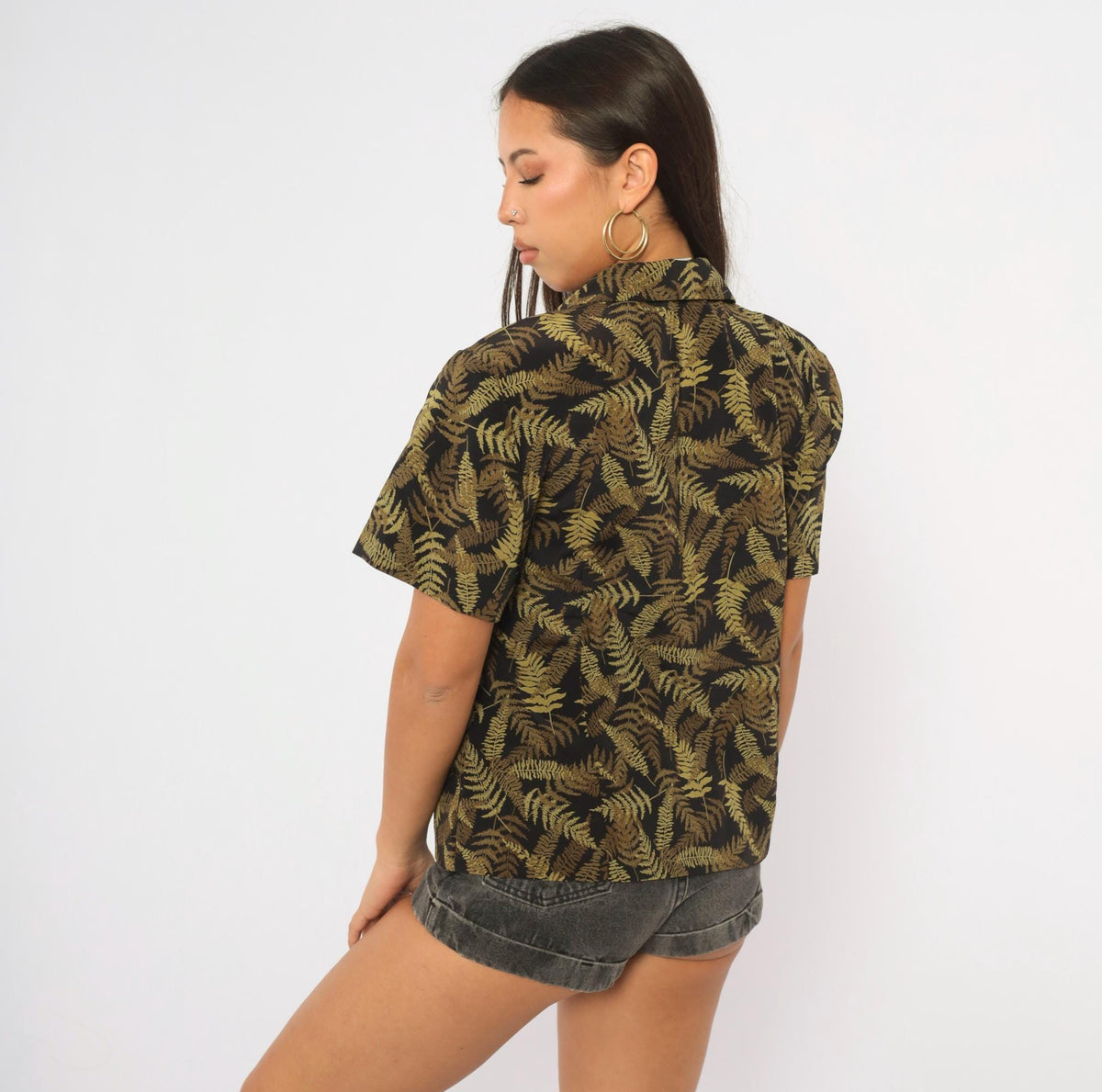 90s Joan Leslie Fern Print Camp Collar Shirt Black Olive Botanical Large L