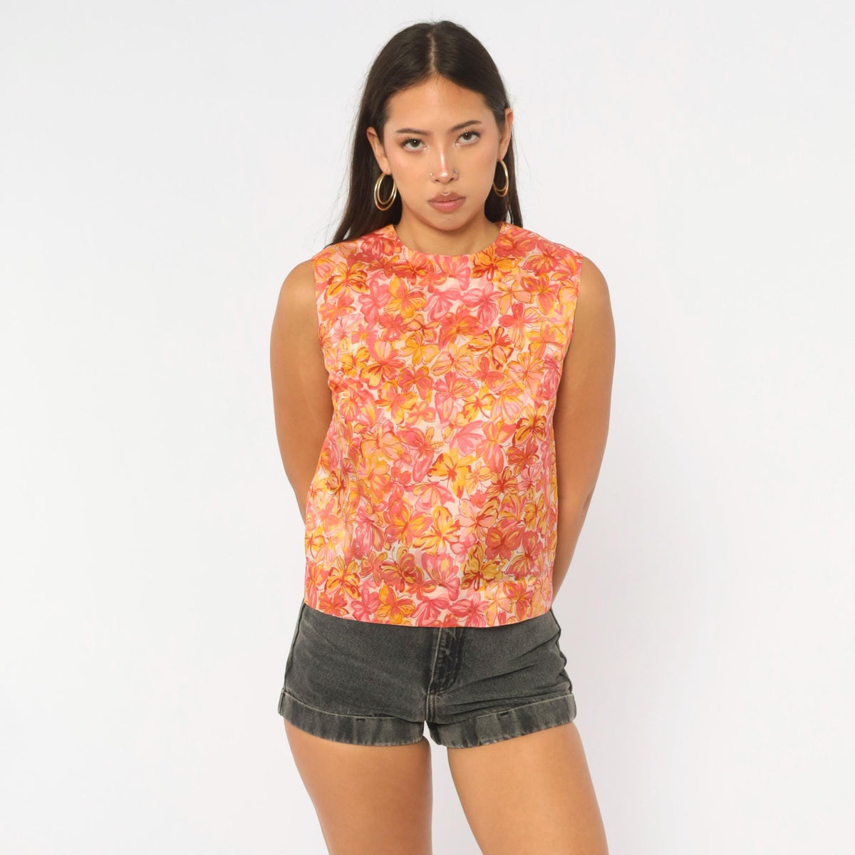 60s Butterfly Floral Sleeveless Blouse White Orange Pink Crew Neck Small