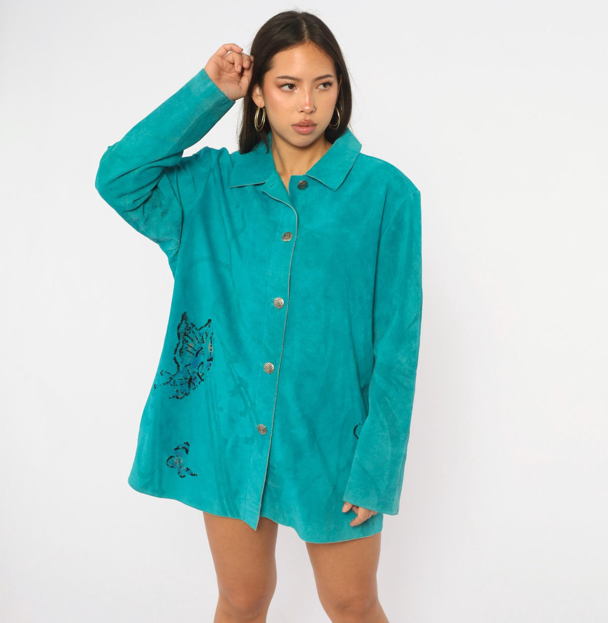 90s Chicos Turquoise Suede Jacket Beaded Butterfly Painted Back Large L