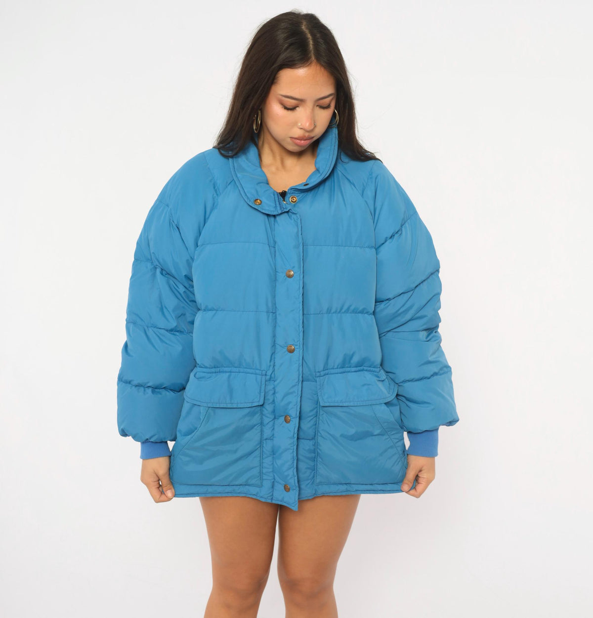 80s Eddie Bauer Cobalt Blue Down Puffer Jacket Raglan Medium