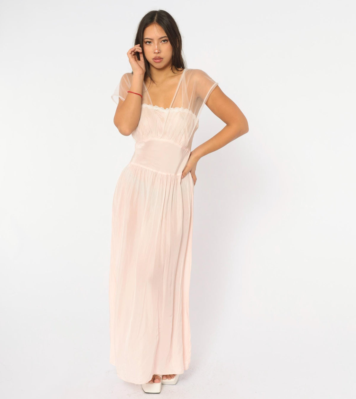 1940s Pink Tulle Nightgown Lace Trim Maxi Slip Dress Cap Sleeve Small