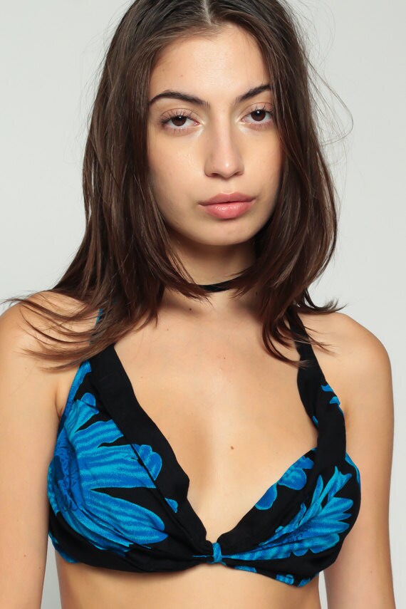 90s Black Floral Halter Crop Top Backless Rayon Blouse Large