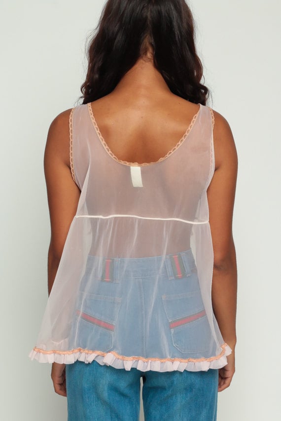 70s Pastel Pink Sheer Lace Babydoll Lingerie Top Ruffle Large