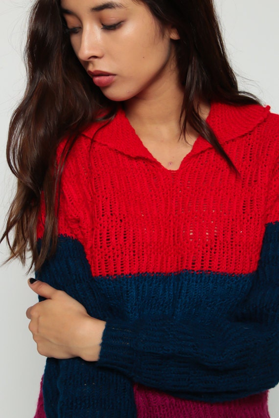 70s Striped Color Block Knit Sweater Collar Red Blue Semi-Sheer Medium