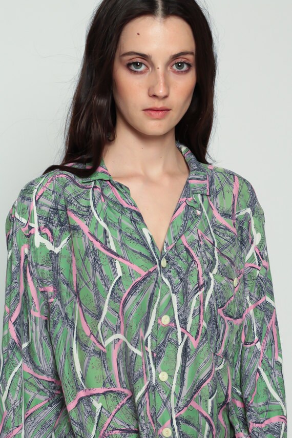 70s Striped Brush Stroke Blouse Green Pink Button Up Long Sleeve Extra Large