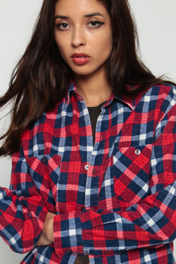 90s Navy Plaid Flannel Shirt Red White Button-Up Long Sleeve Medium