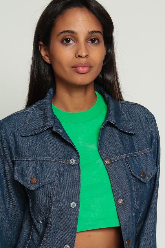 70s Dark Denim Jacket Snap Front Jean Coat Unisex Extra Small