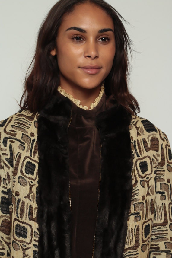 70s Tapestry Faux Fur Coat Brown Zip Front Jacket Medium