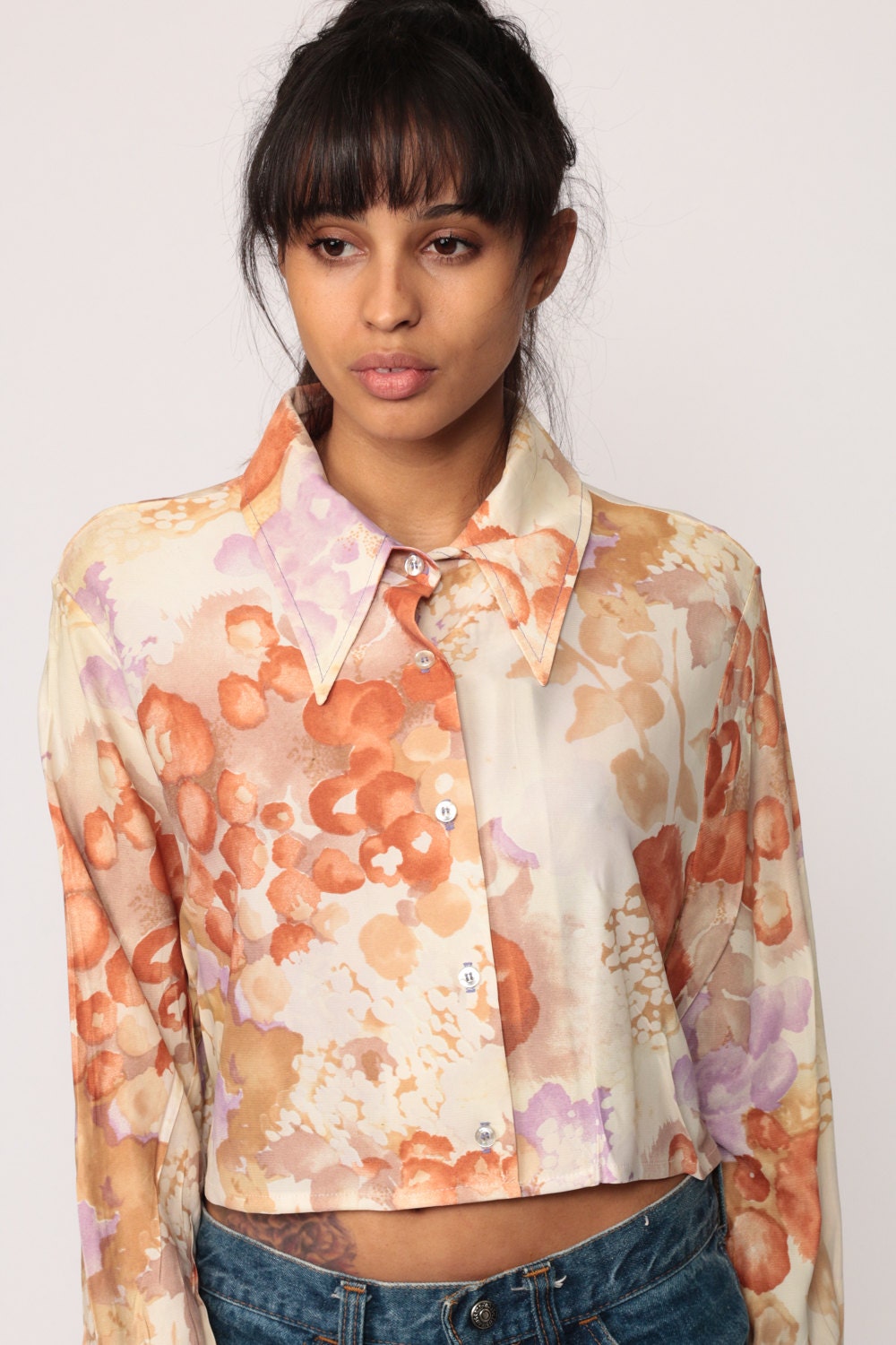 70s Watercolor Floral Button-Up Blouse Long Sleeve Crop Top Medium Large
