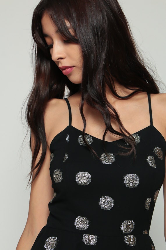 70s Black Metallic Floral Midi Dress Spaghetti Strap High Waist Extra Small