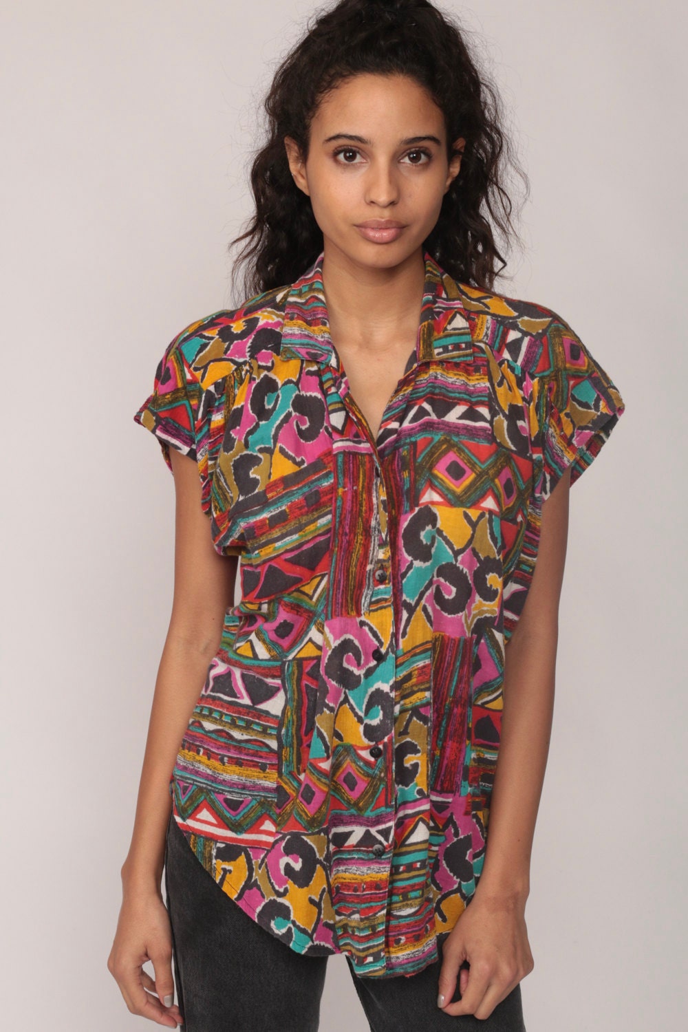 80s Tribal Southwestern Aztec Button-Up Blouse Cap Sleeve Multicolor Small Medium
