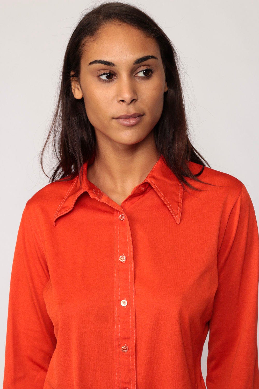 70s Orange Button-Up Shirt Long Sleeve Collared Blouse Large