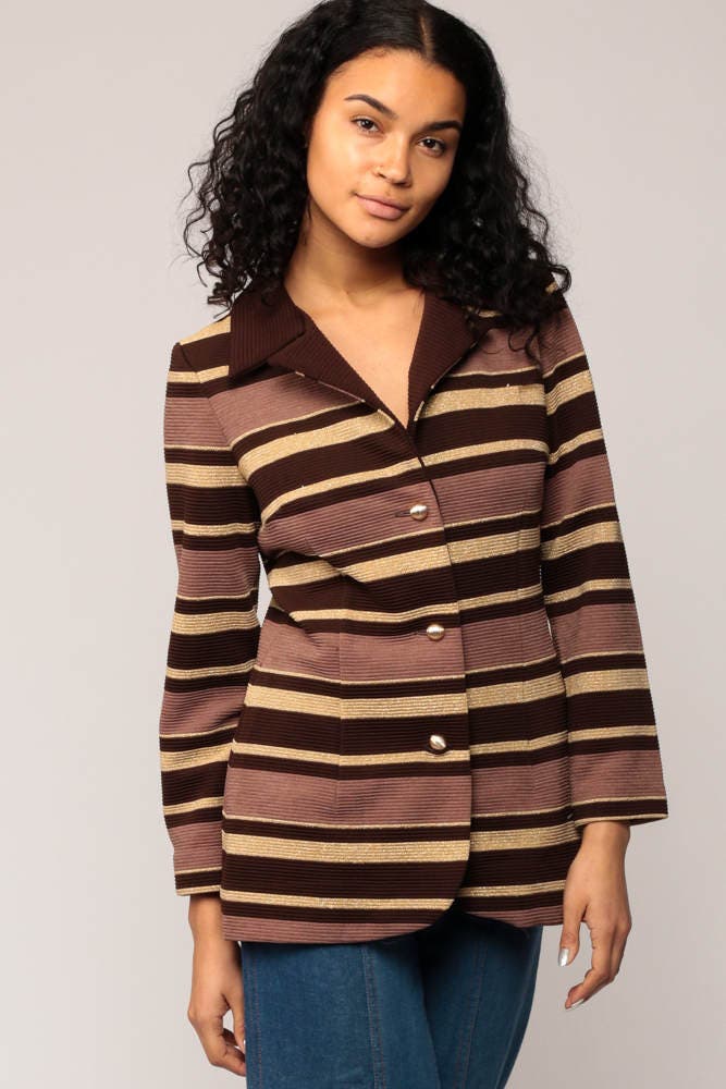 70s Striped Jacket Brown Gold Metallic Button-Up Coat Small