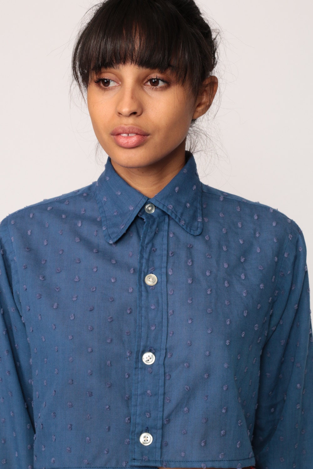 70s Blue Polka Dot Crop Top Long Sleeve Button Up Blouse Small Medium