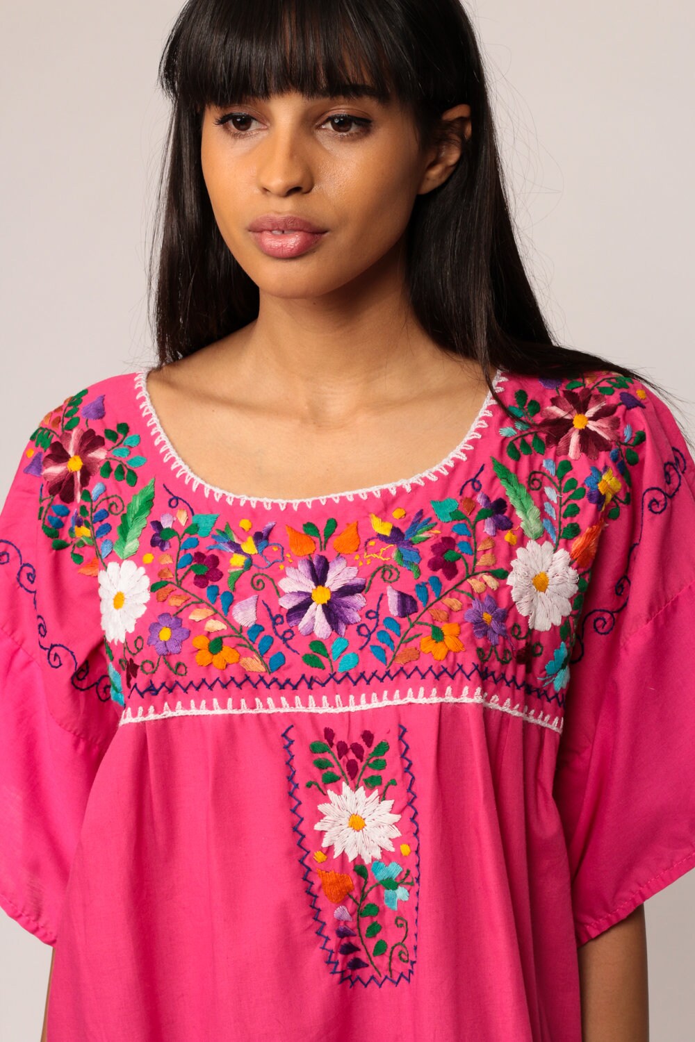 80s Mexican Embroidered Peacock Tunic Dress Hot Pink Cotton Extra Large XXL