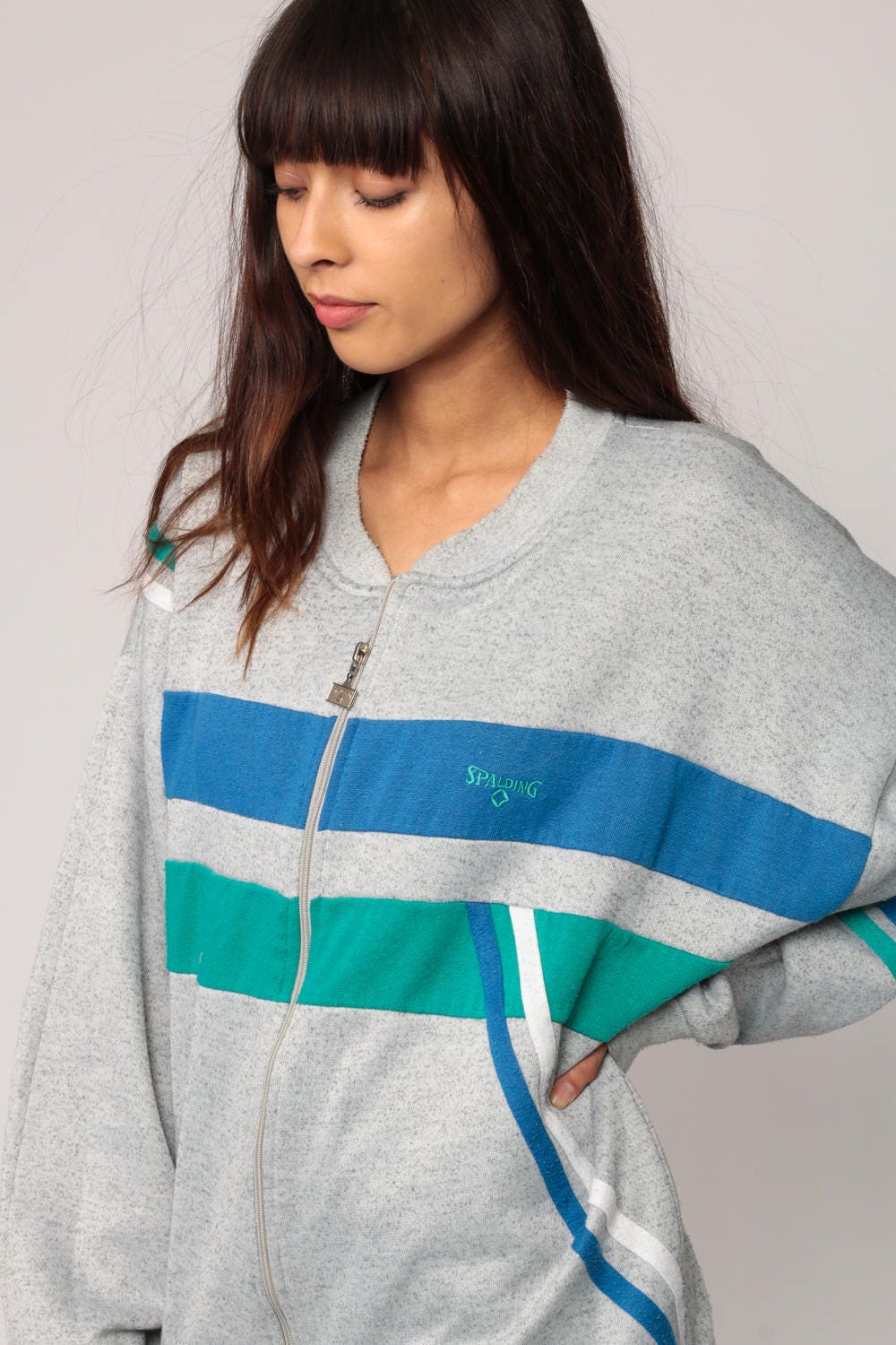 80s Spalding Zip-Up Sweatshirt Striped Track Jacket Grey Green Blue Extra Large XXL