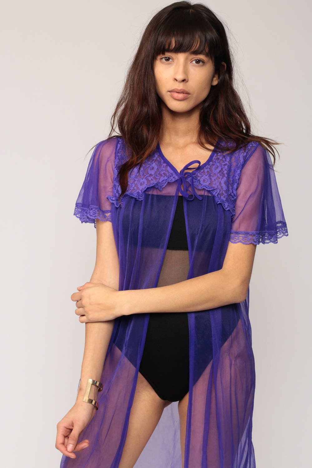 80s Purple Sheer Lace Kimono Robe Flutter Sleeve Bed Jacket Medium