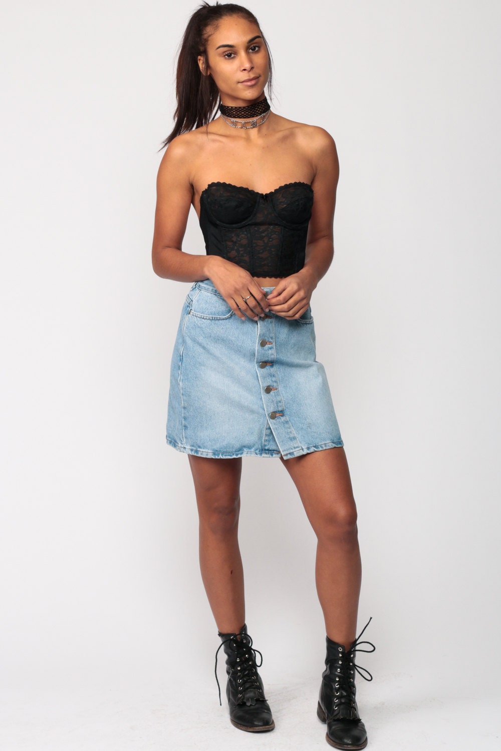 90s High Waisted Denim Mini Skirt Button Up Blue Jean Extra Small