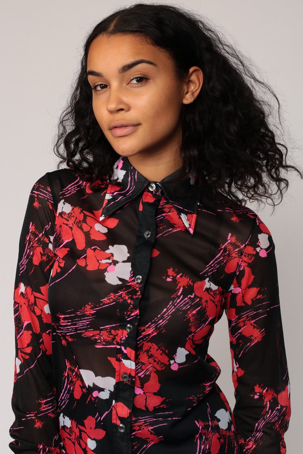 70s Black Floral Button-Up Blouse Long Sleeve Sheer Collar Small