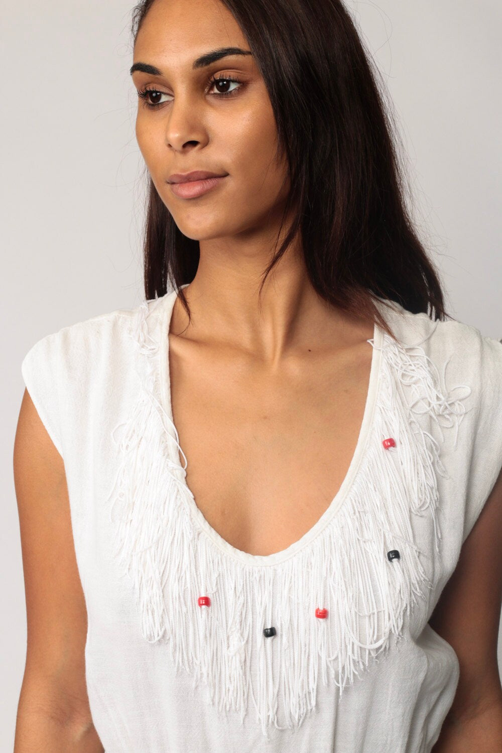 80s White Jumpsuit Beaded Fringe Cap Sleeve High Waist Tapered Cotton Small Medium
