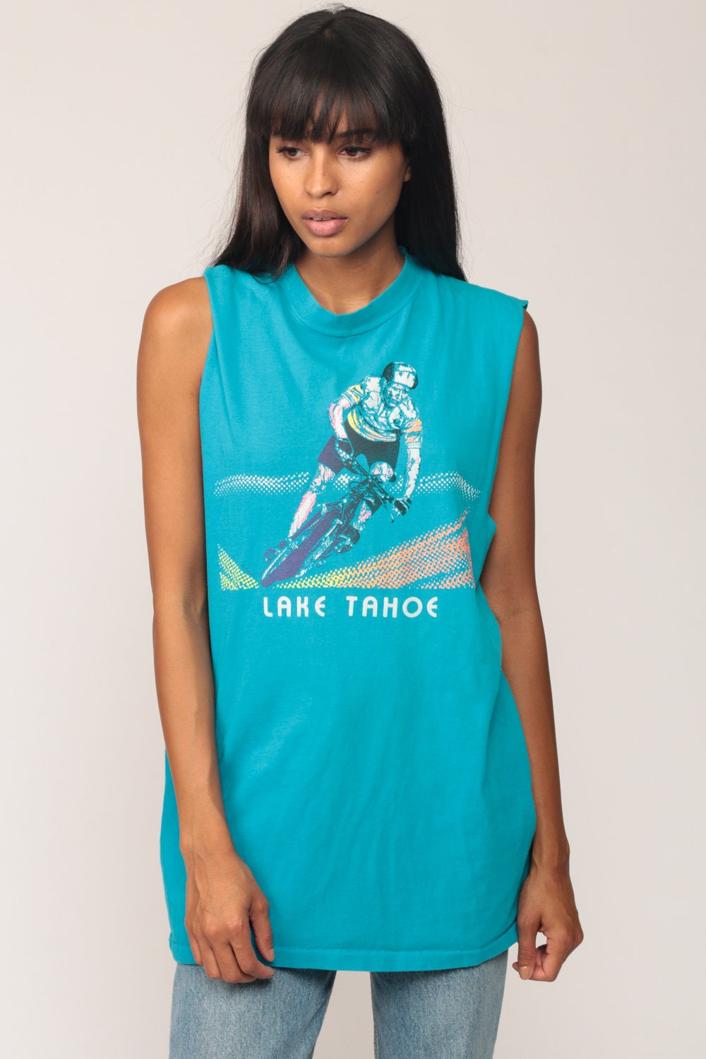80s Lake Tahoe Bicycle Tank Top Graphic Tee Turquoise Medium
