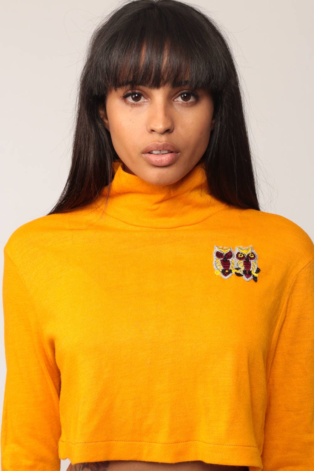 70s Owl Crop Top Yellow Turtleneck Long Sleeve Shirt Medium