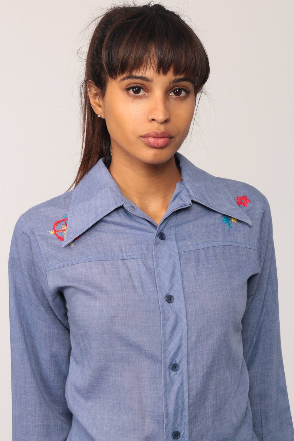 70s Western Chambray Shirt Embroidered Compass Flowers Blue Long Sleeve Extra Small