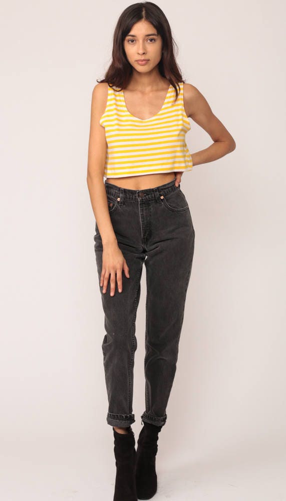 80s Yellow & White Striped Crop Tank Top Medium
