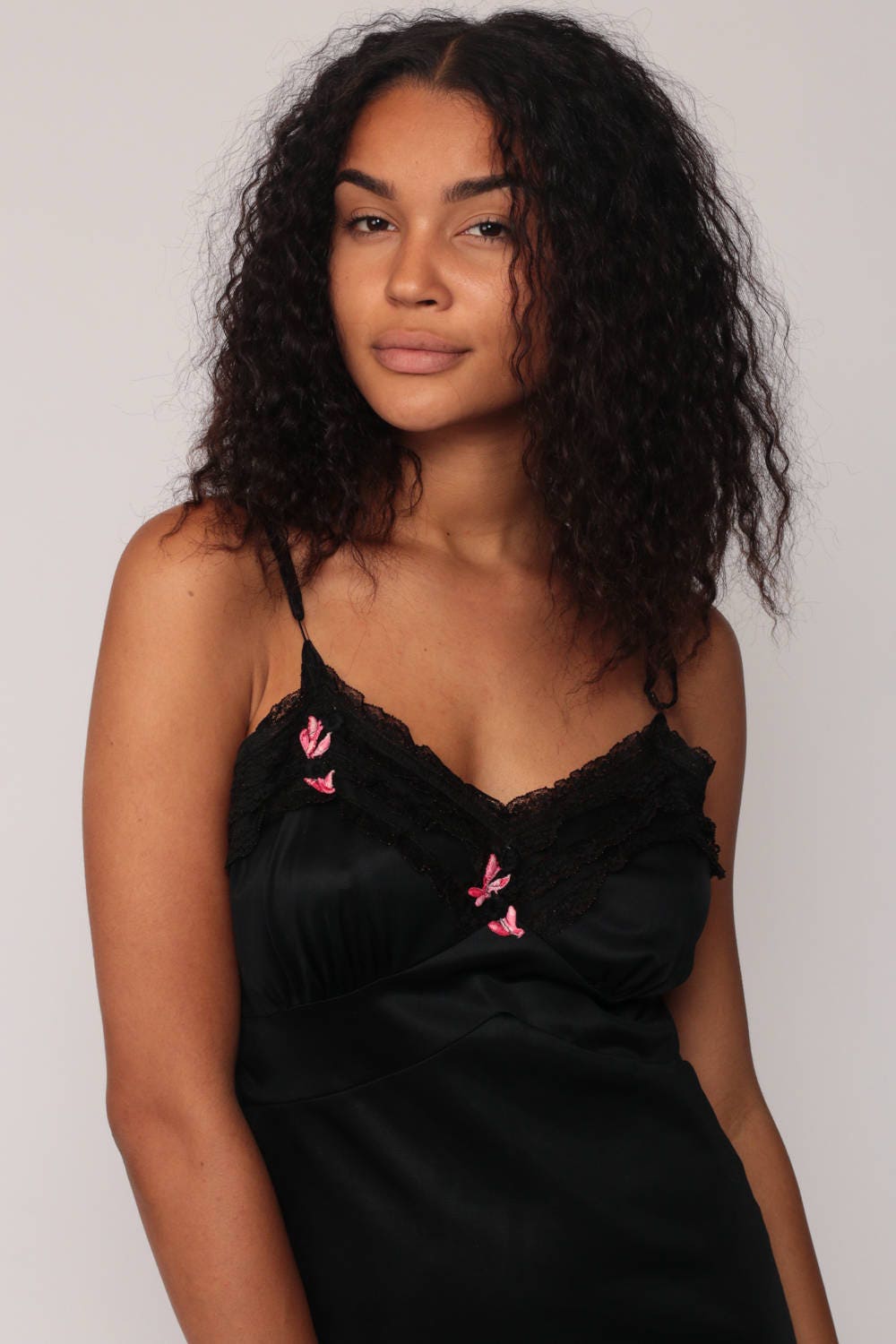 70s Black Slip Dress Lace Pink Floral Empire Waist Mini Nightgown Small Medium
