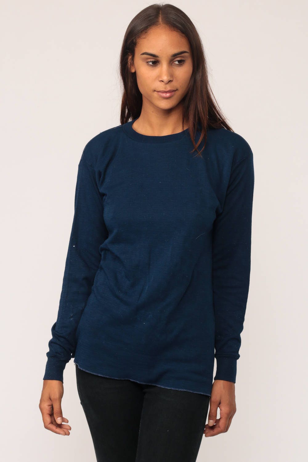 80s Navy Long Sleeve T-Shirt Distressed Grunge Tee Large