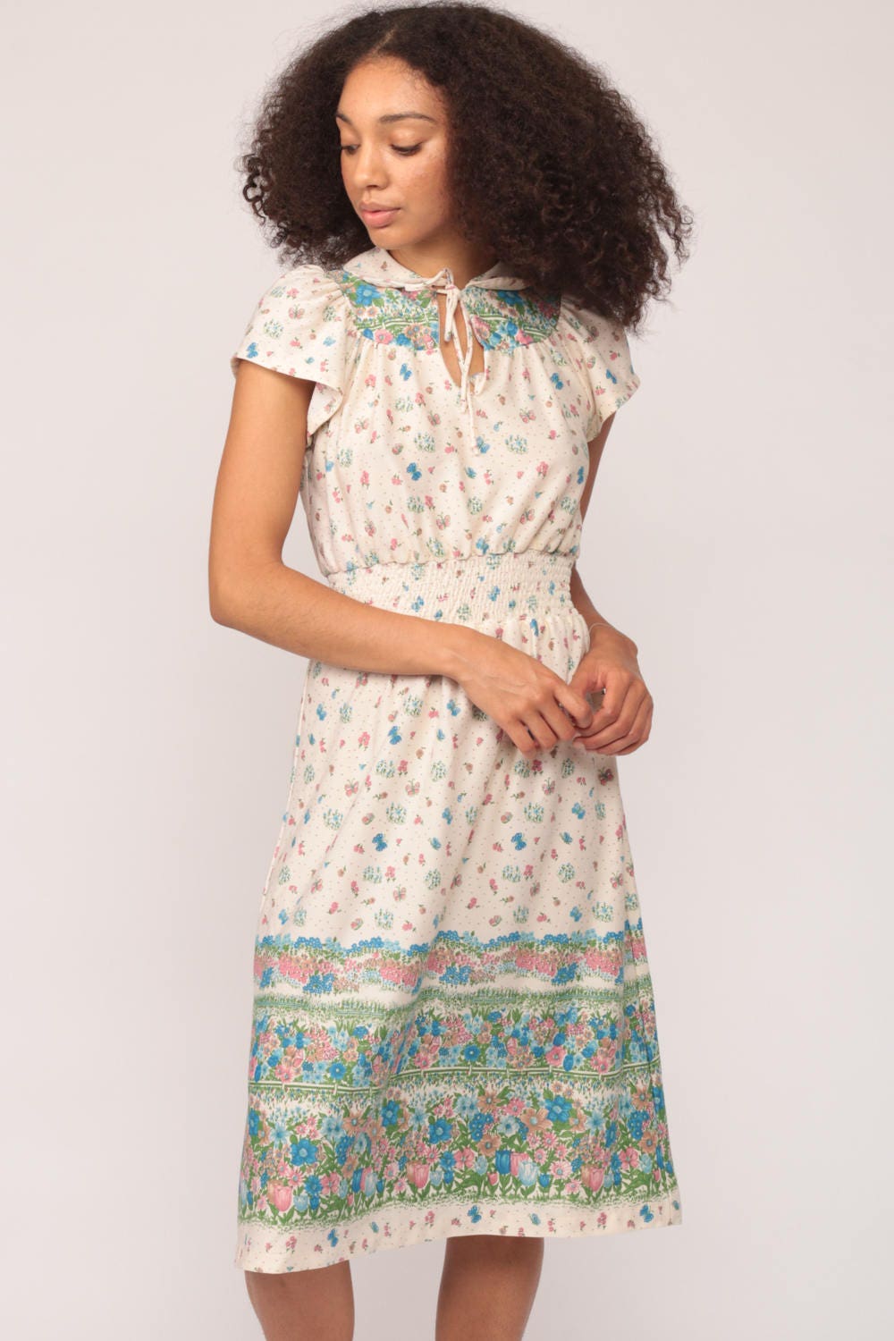 70s Floral Midi Dress Keyhole Neck High Waisted Cap Sleeve Small