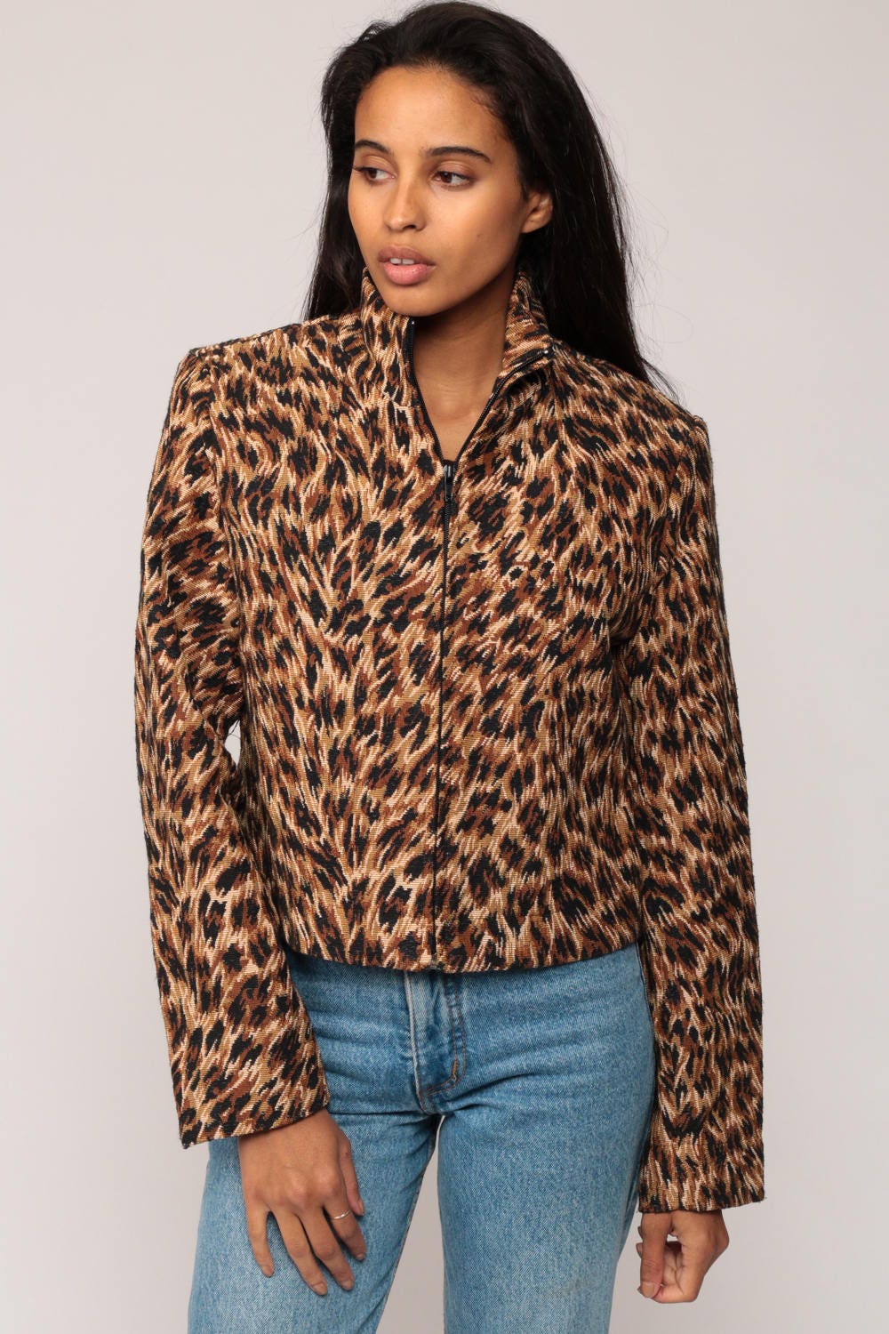 90s Leopard Print Tapestry Jacket Zip Up Grunge Animal Extra Small