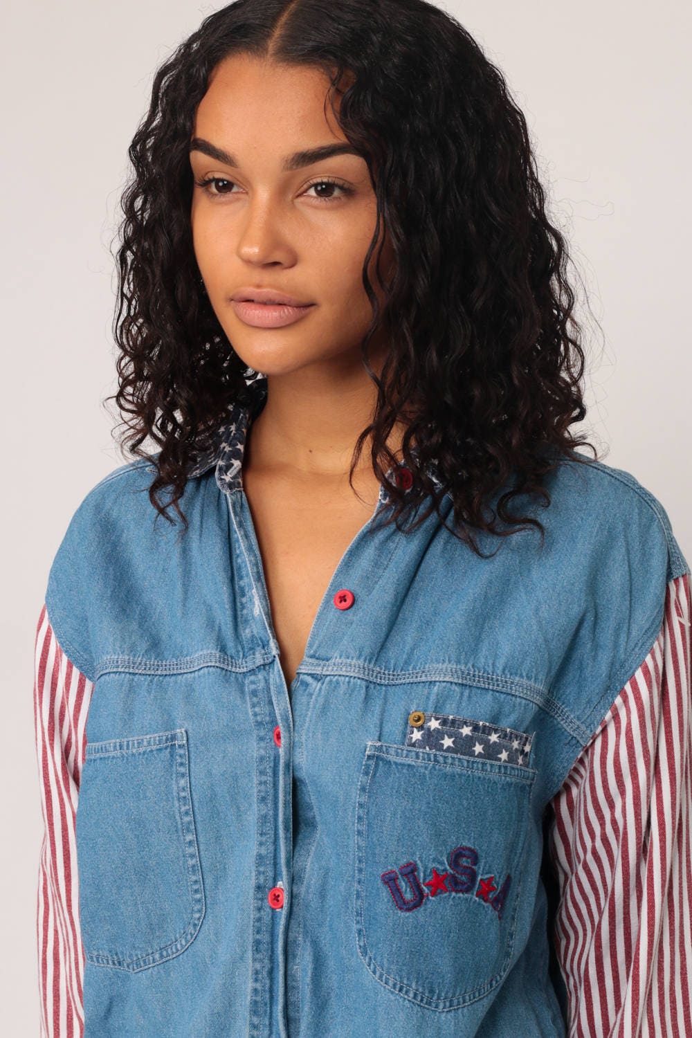 90s American Flag Denim Shirt Blue Jean Button-Up Long Sleeve Medium