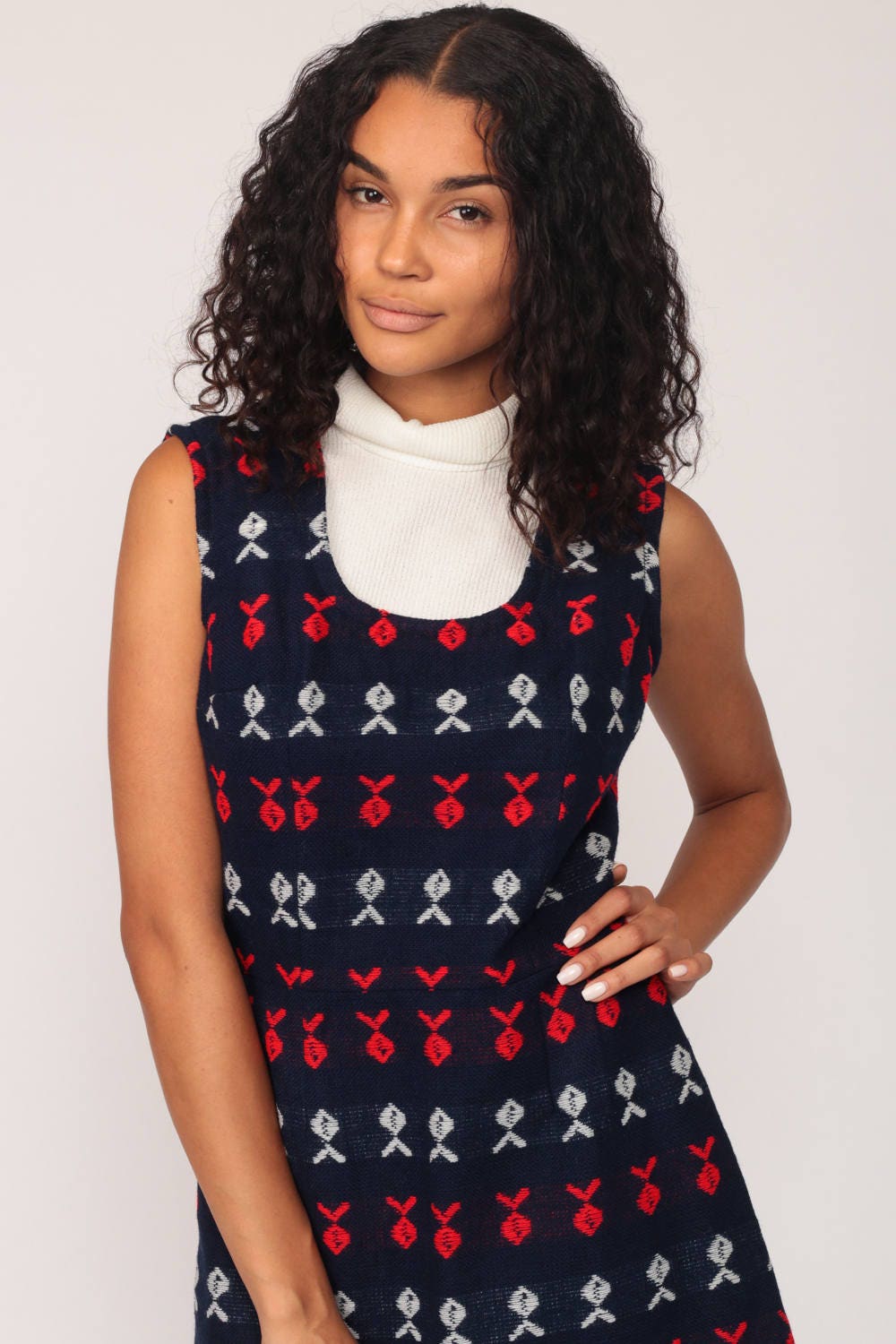 70s Mod Mini Dress Fish Print Bib Turtleneck Navy Red White Small