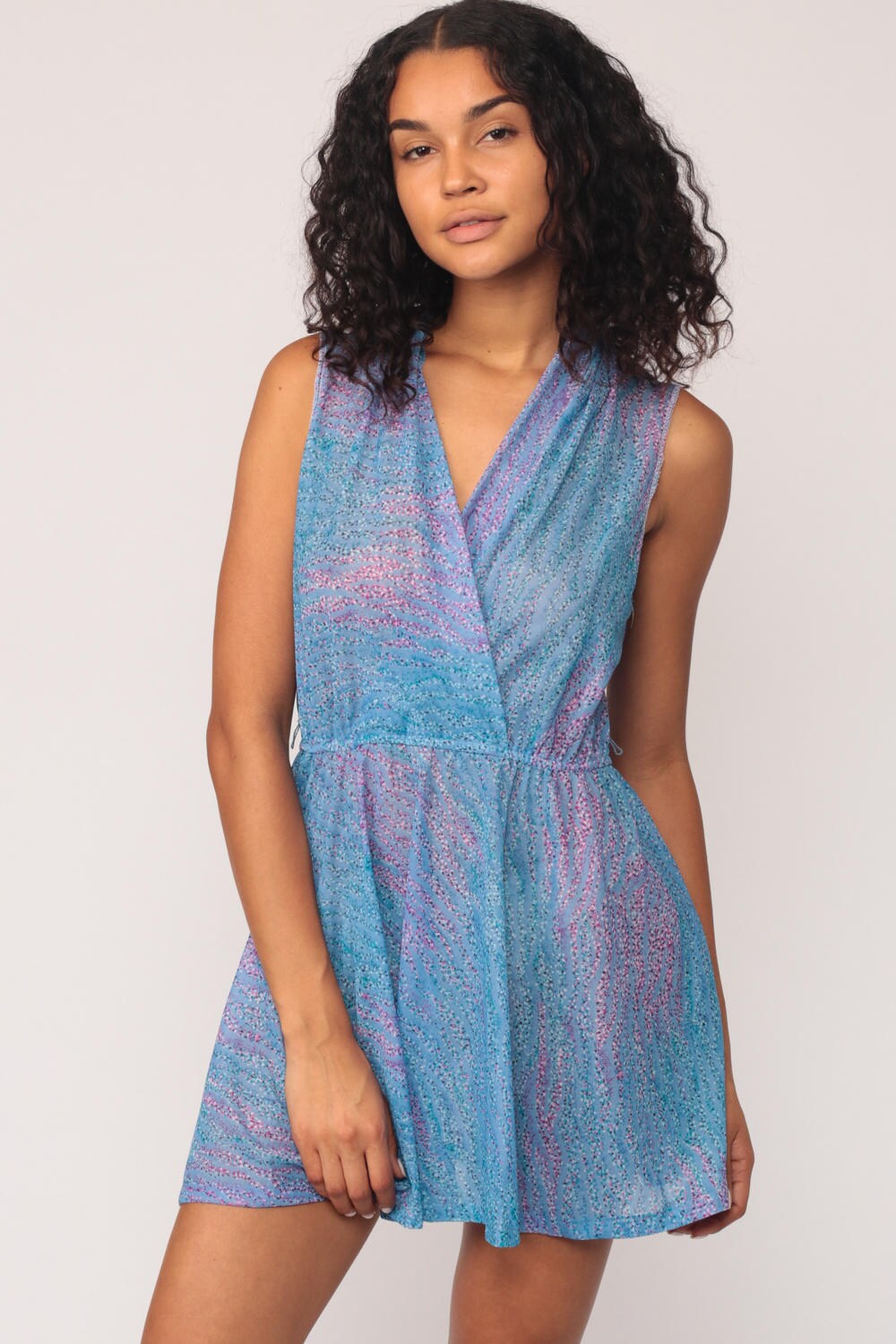 1970s Blue Wavy Stripe Wrap Mini Dress Deep V Neck High Waist Medium Large